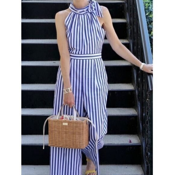 J. Crew Pants - J.Crew Blue and White Striped Tie-Back Halter Jumpsuit Size 0